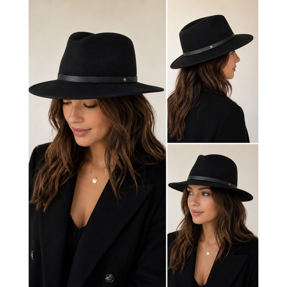 Rag & Bone New York Black 100% Wool Felt Fedora Hat Leather Band Size M USA Made